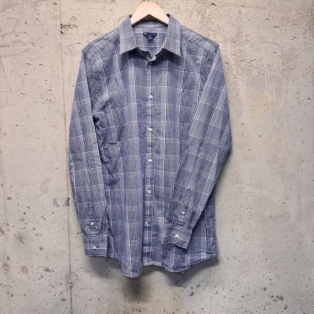 Gap Button Down Shirt Mens L Tall Navy Gingham Slim Fit Cotton Preppy Classic